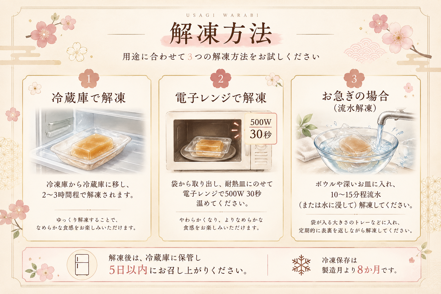 うさぎわらびの解凍方法 冷蔵庫 電子レンジ500W30秒 流水解凍